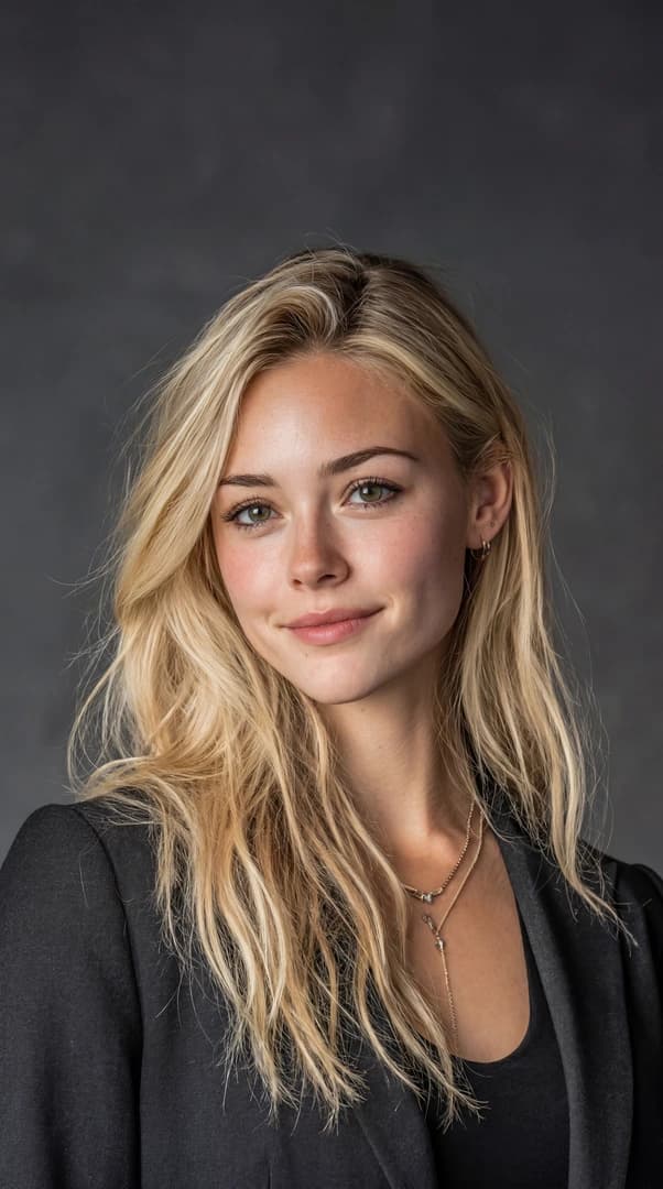 A professional close-up portrait of a blonde woman in a black blazer against a dark studio background. Natural makeup, soft waves, subtle smile, and clean polished styling. Modern corporate headshot with an elegant editorial feel.