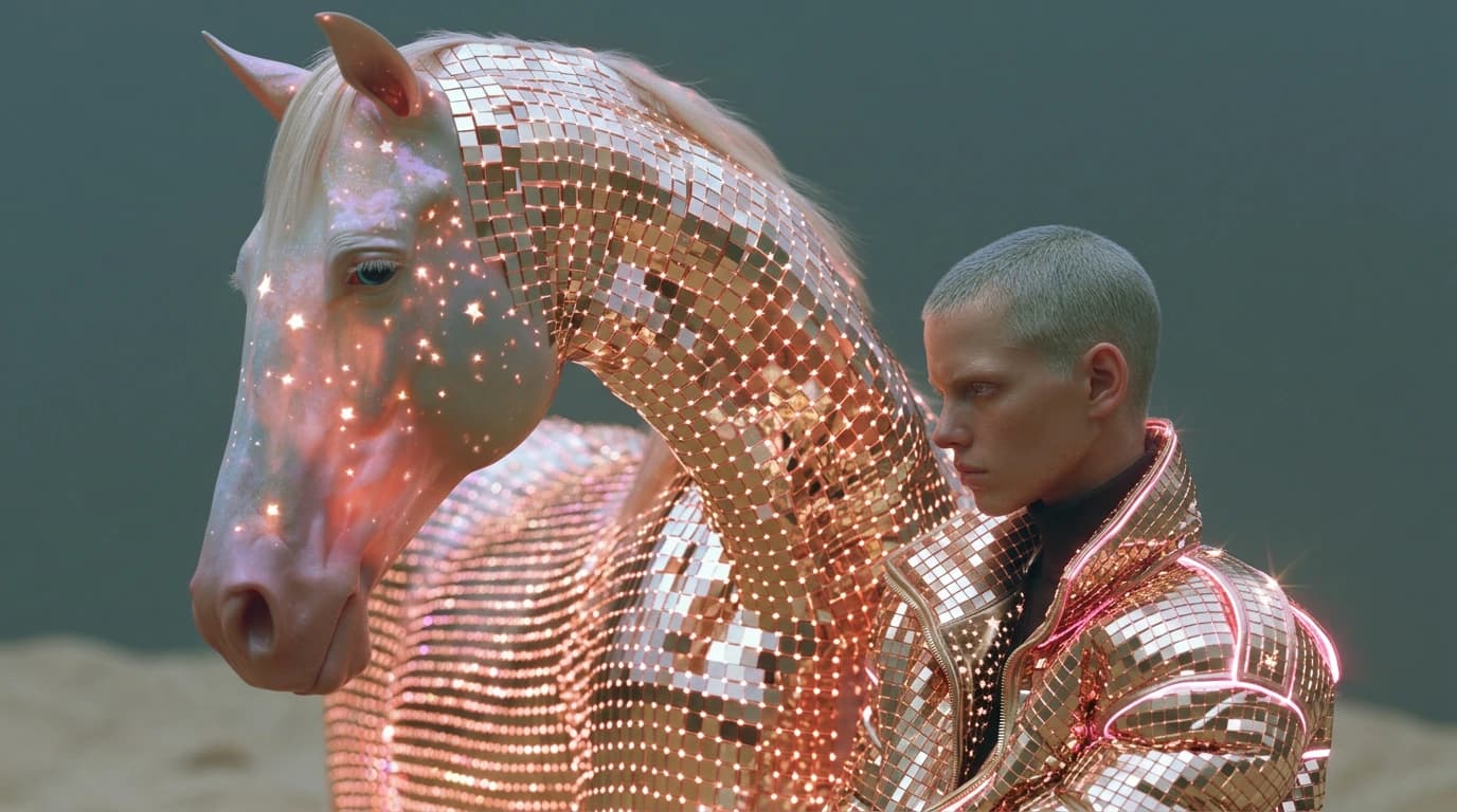 A futuristic editorial scene featuring a pale horse covered in mirrored disco tiles beside a model in a matching reflective suit. Soft pink sparkles, glossy metallic textures, and dreamy cinematic lighting. Surreal fashion photography with a sci-fi fantasy mood.