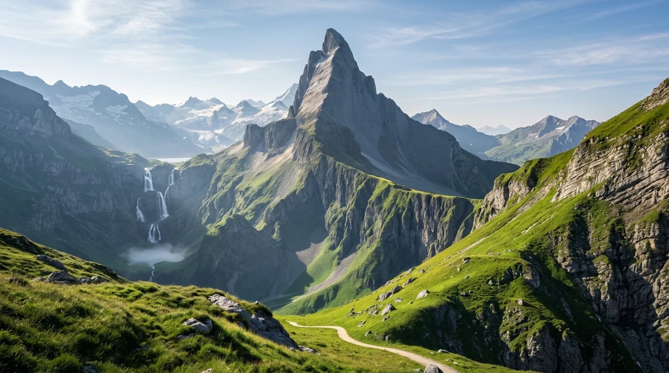 A breathtaking alpine mountain landscape with green valleys, rocky peaks, and waterfalls in the distance. Bright natural daylight, soft clouds, and crisp details. Cinematic nature photography with an epic peaceful atmosphere.