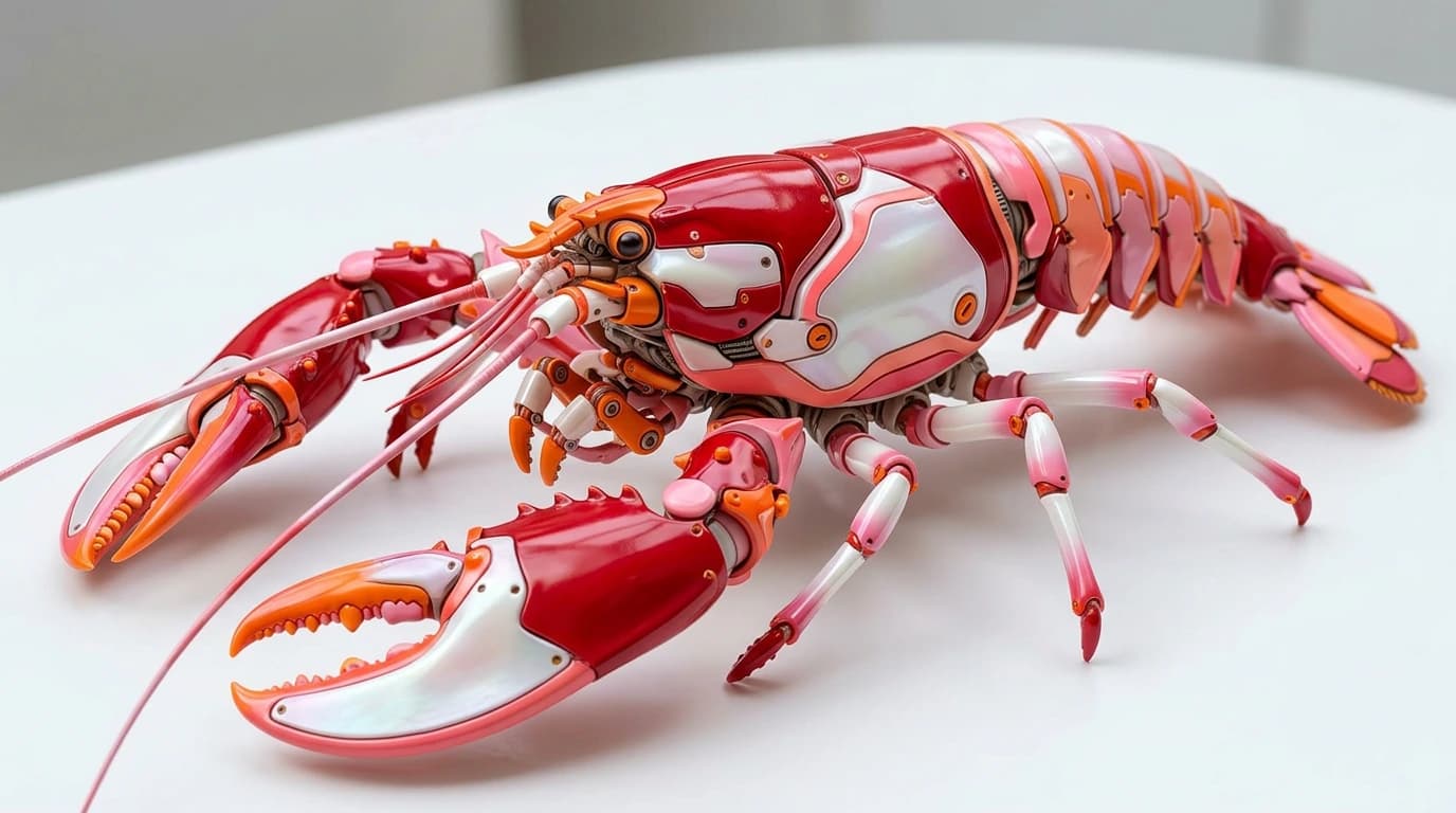 A futuristic robotic lobster with glossy red, pink, and white armor on a clean white surface. Detailed mechanical joints, sharp claws, and sleek toy-like textures. High-detail product photography with a playful sci-fi design.