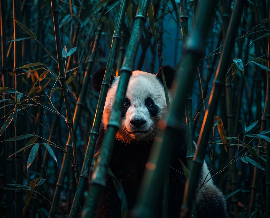 A realistic giant panda standing among dense bamboo in a dark forest. Moody teal and warm orange lighting, soft depth of field, detailed fur. Cinematic wildlife photo with a mysterious atmosphere.