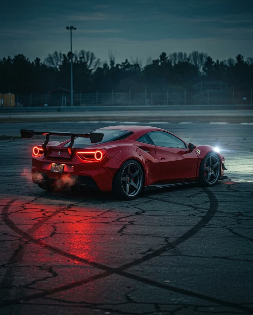 A red sports car drifting on a wet asphalt track at night, with glowing taillights and smoke from the exhaust. Moody dark blue lighting, red reflections, and cinematic shadows. High-speed automotive photography with an intense street racing mood.