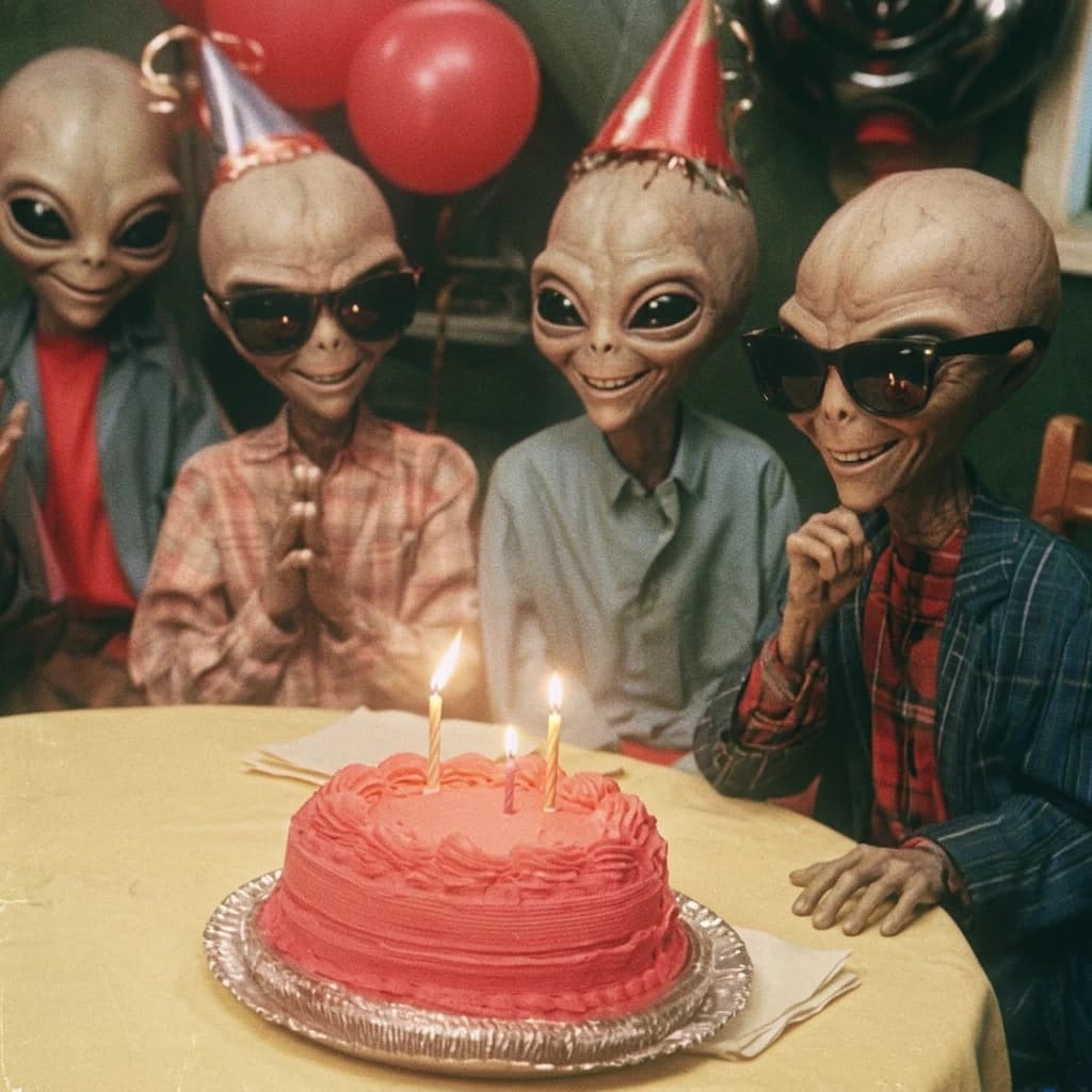 A group of stylish aliens celebrating a birthday around a pink cake with lit candles. Retro party hats, red balloons, sunglasses, and warm indoor lighting. Playful cinematic photo with a quirky vintage sci-fi mood.