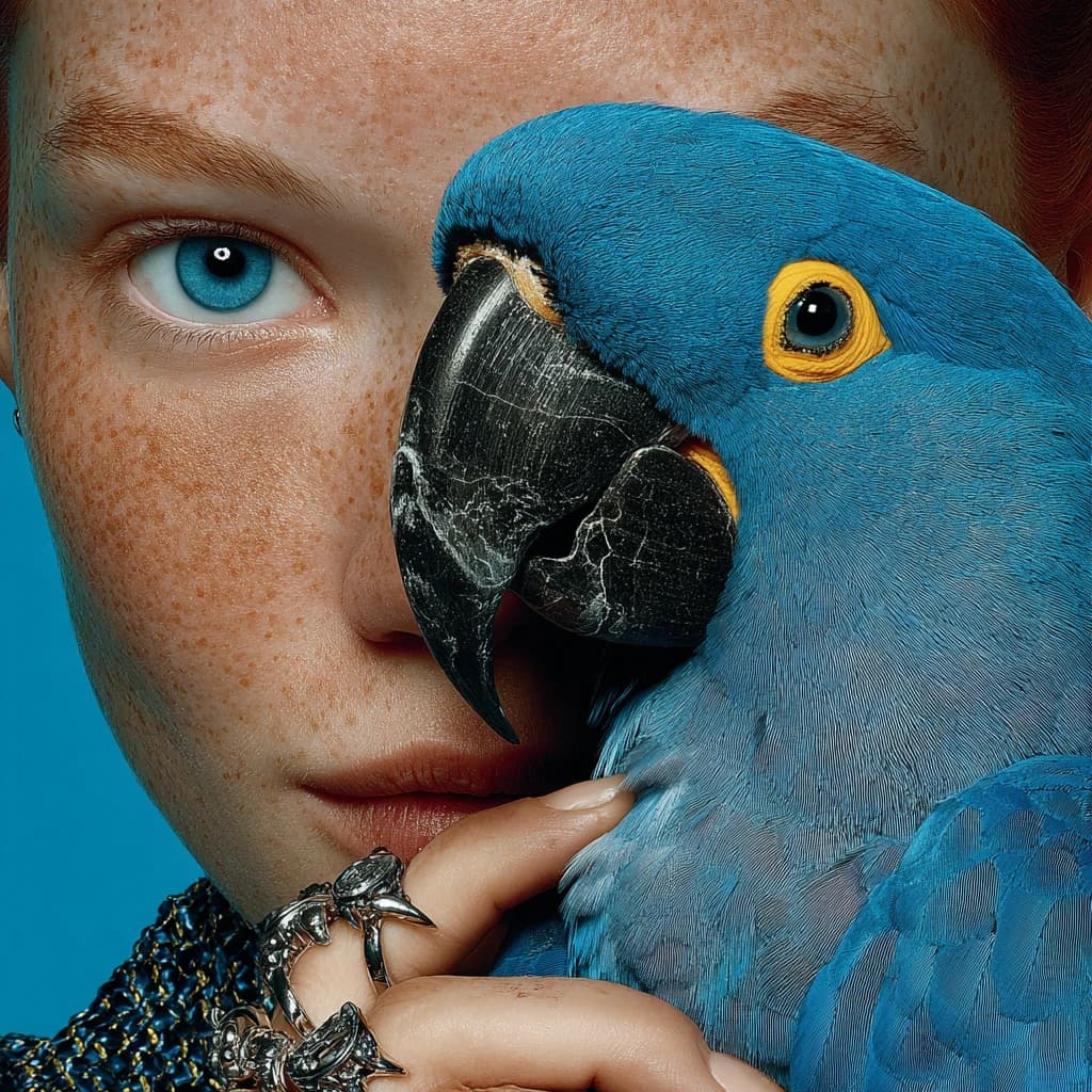 An ultra-realistic close-up portrait of a freckled person with a piercing blue eye pressed face-to-face with a vivid blue macaw, their features mirroring each other, sharp studio lighting, hyper-detailed skin and feathers, bold teal background, surreal yet intimate fine-art editorial style.