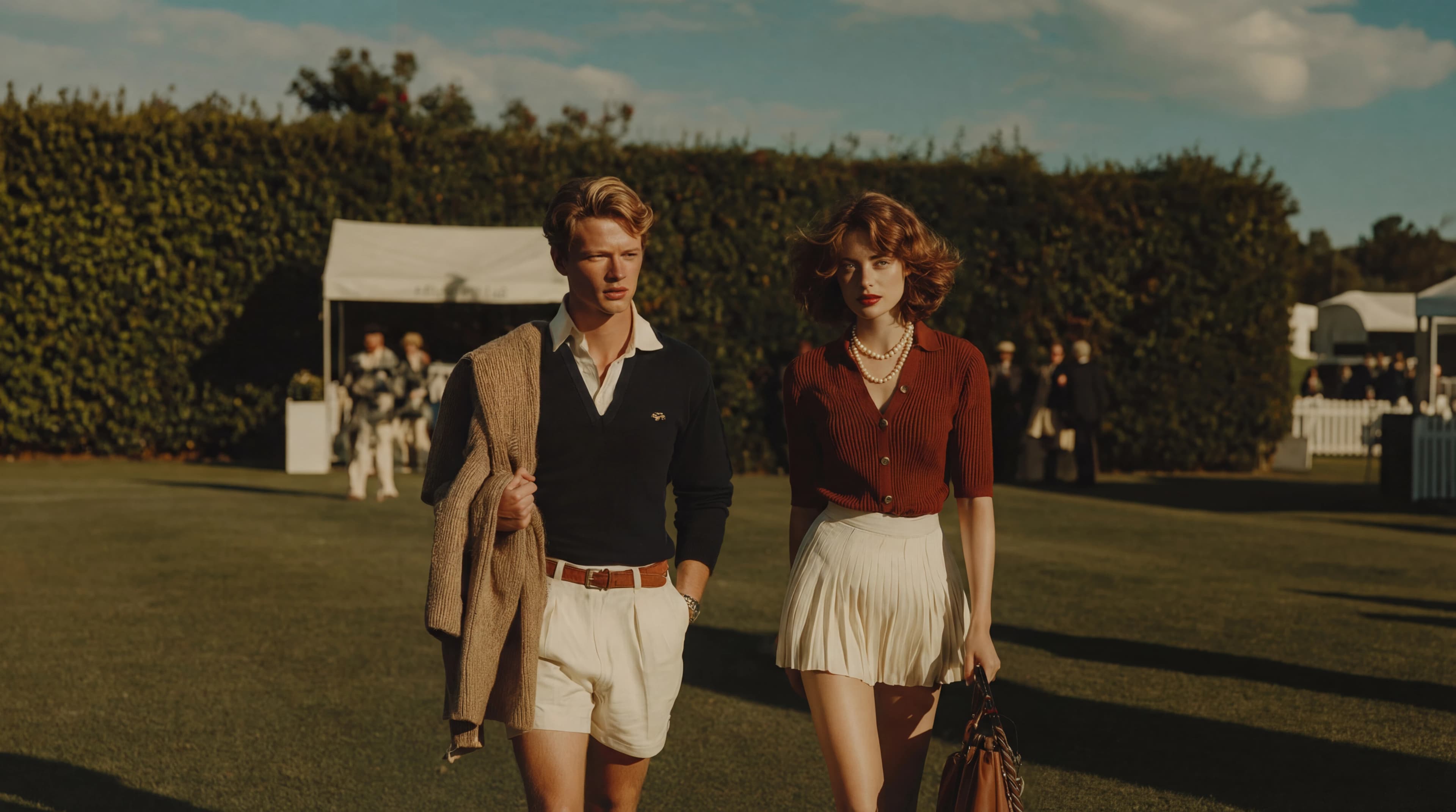 A cinematic fashion editorial of an elegant young man and woman walking side by side across a sunlit lawn, dressed in classic 1950s-inspired summer outfits, warm golden-hour lighting, shallow depth of field, natural film grain, refined old-money aesthetic, timeless and effortless mood.