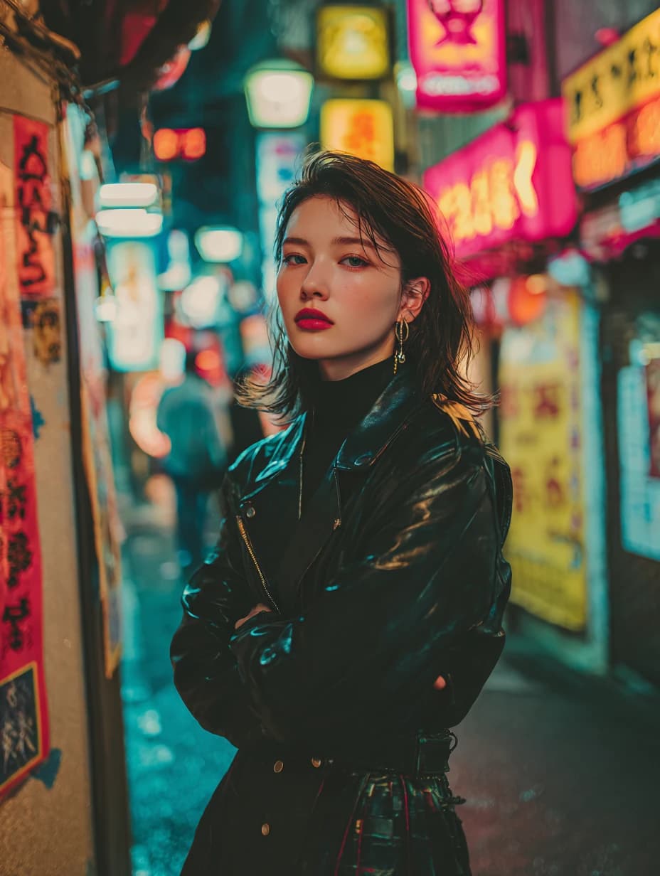 A cinematic neon-lit street portrait of a confident young woman in a black leather jacket standing in a narrow urban alley at night, colorful Japanese-style signs glowing in the background, shallow depth of field, glossy reflections, moody cyberpunk atmosphere, high-detail fashion editorial style.