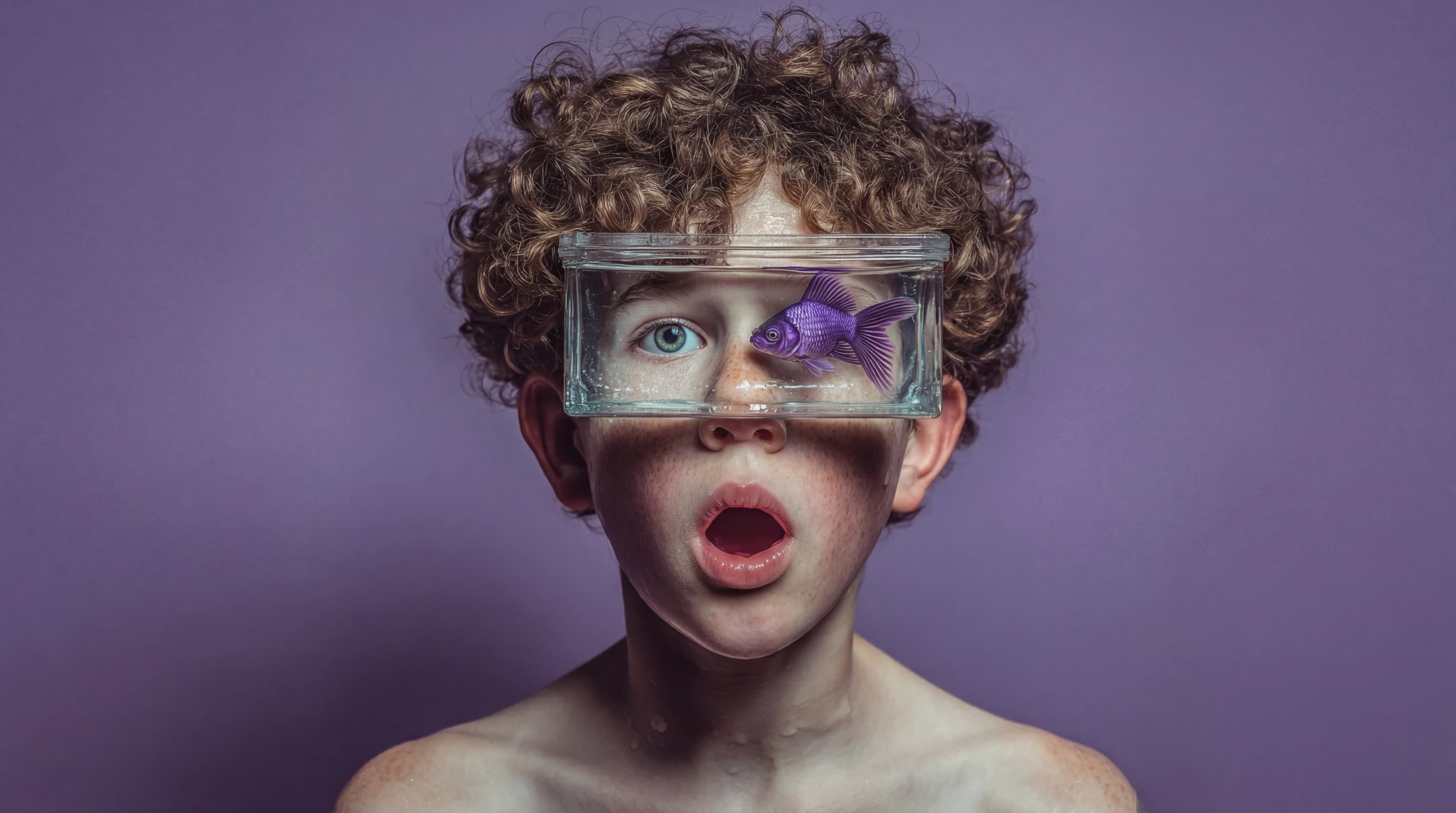 A surreal studio portrait of a curly-haired child against a soft purple background, wearing a transparent water-filled visor across the eyes containing a small purple fish, mouth open in awe, ultra-realistic lighting, whimsical yet photorealistic fine-art aesthetic.