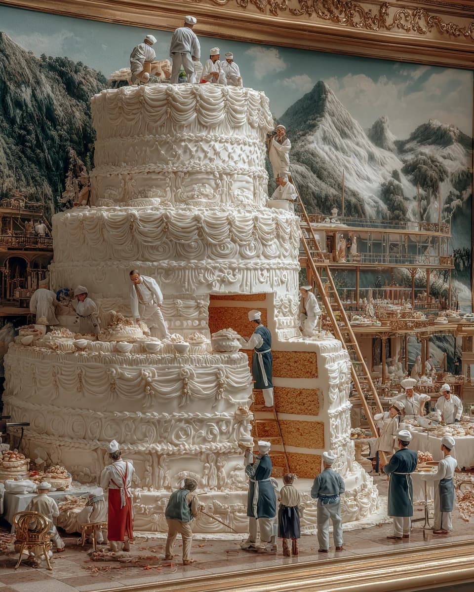 A surreal, hyper-detailed cinematic scene of dozens of pastry chefs decorating a colossal multi-tier wedding cake like a monumental architecture, with ladders and scaffolding, ornate white frosting textures, a cutaway revealing cake layers inside, set in a grand classical hall with painted mountain murals, soft natural light, whimsical yet ultra-realistic fine-art aesthetic.