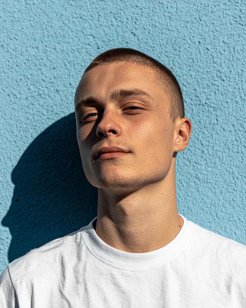 A close-up portrait of a young man with a buzz cut standing against a textured blue wall. Bright natural sunlight, sharp shadows, and minimal casual styling. Clean editorial street portrait with a confident summer mood.